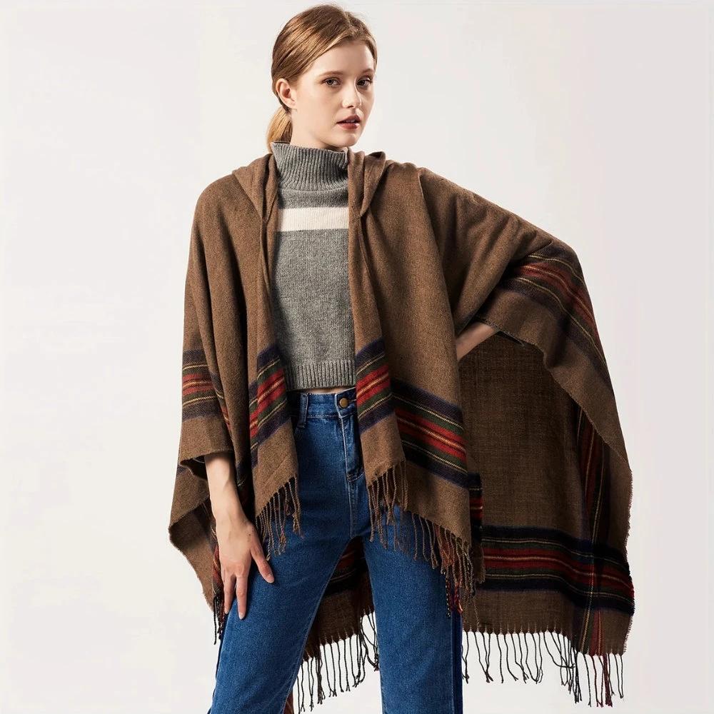 Acrylic Hooded Striped Poncho Shawl by Casa & Beyond US