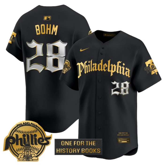 Alec Bohm Jersey #28 Phillies Retro Newspaper Edition Gold Vapor Premier Stitched Black Gold by My Store