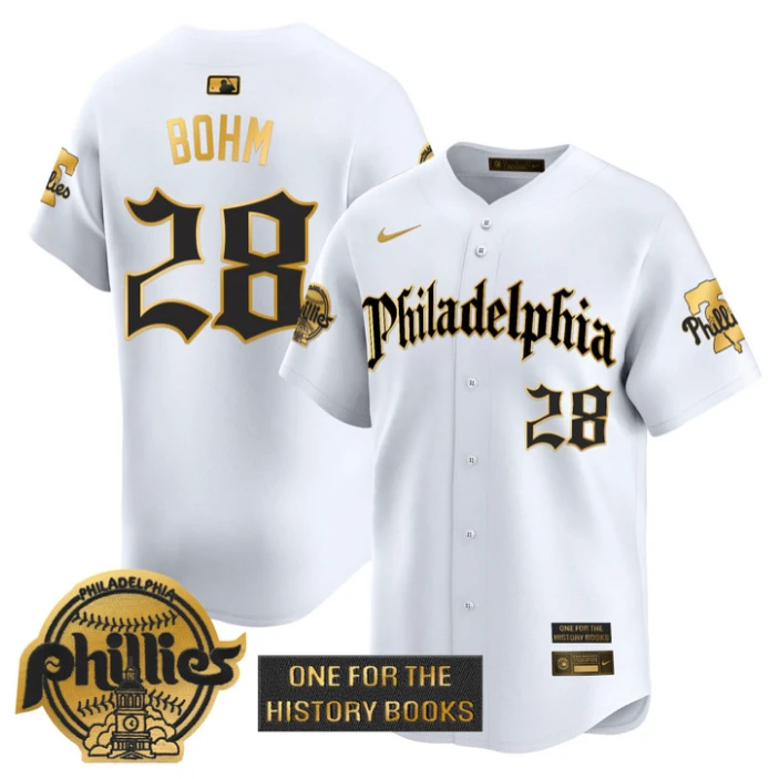 Alec Bohm Jersey #28 Phillies Retro Newspaper Edition Gold Vapor Premier Stitched White Gold by My Store