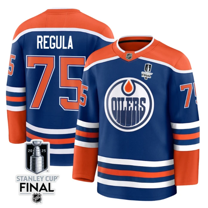 Alec Regula 75 Edmonton Oilers 2025 STANLEY CUP Final Patch Home Men Jersey Royal by Hockey David