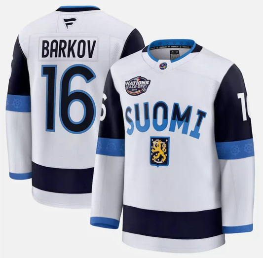 Aleksander Barkov Jersey #16 Finland White 2025 4 Nations Face-Off Stitched by Hockey David