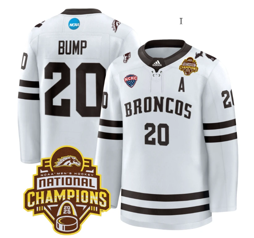 Alex Bump Jersey #20 Western Michigan Broncos 2025 National Champions Patch Premium Stitched White by Hockey David