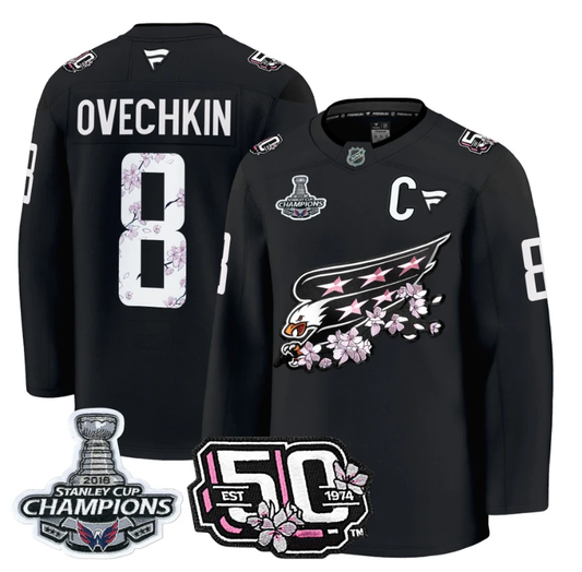 Alex Ovechkin Jersey #8 Washington Capitals 50th 2018 Stanley Cup Champions Patch Black by Hockey David