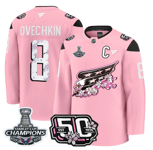 Alex Ovechkin Jersey #8 Washington Capitals 50th 2018 Stanley Cup Champions Patch Cherry Blossom by Hockey David