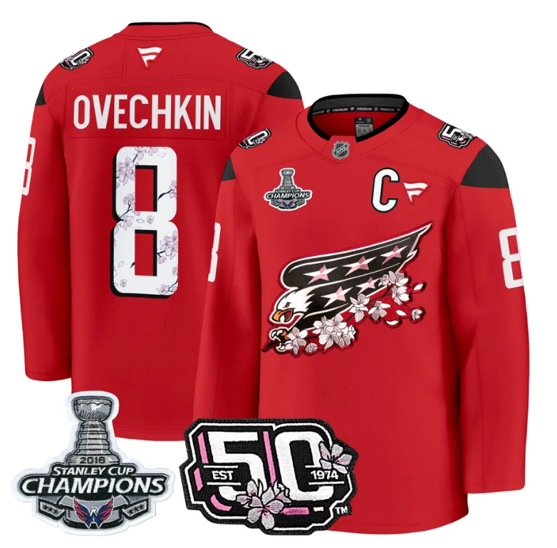 Alex Ovechkin Jersey #8 Washington Capitals 50th 2018 Stanley Cup Champions Patch Red by Hockey David