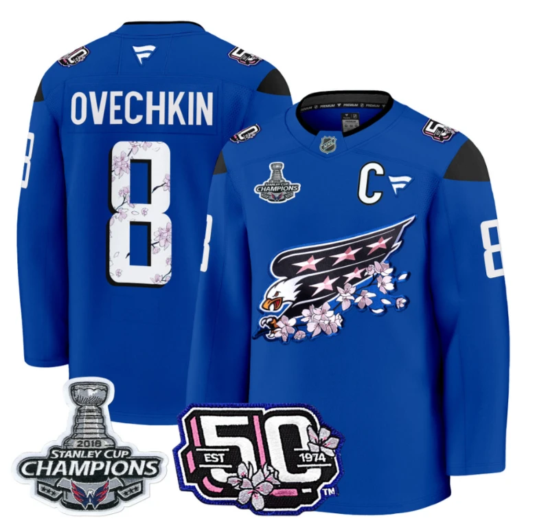 Alex Ovechkin Jersey #8 Washington Capitals 50th 2018 Stanley Cup Champions Patch Royal by Hockey David