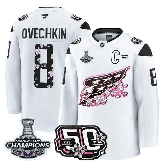 Alex Ovechkin Jersey #8 Washington Capitals 50th 2018 Stanley Cup Champions Patch White by Hockey David