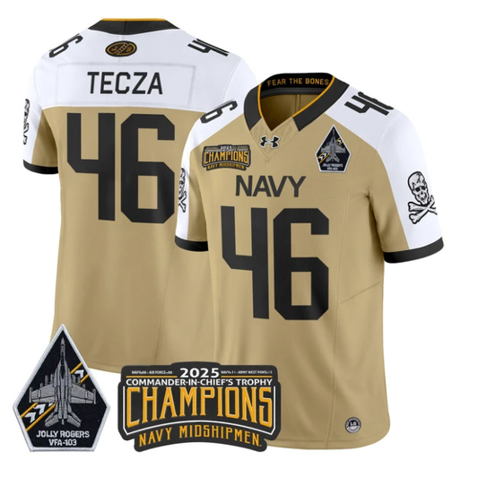 Alex Tecza Jersey #46 Navy Midshipmen Jolly Rogers 2025 Trophy Stitched Gold Alternate by My Store NCAA Football Jerseys