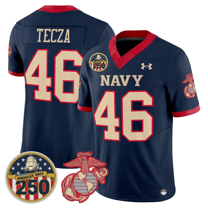 Alex Tecza Jersey #46 Navy Midshipmen USMC 250th Patch Stitched by My Store NCAA Football Jerseys