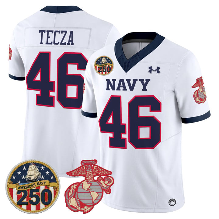 Alex Tecza Jersey #46 Navy Midshipmen USMC 250th Patch Stitched by My Store NCAA Football Jerseys
