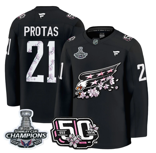 Aliaksei Protas Jersey #21 Washington Capitals 50th 2018 Stanley Cup Champions Patch Black by Hockey David