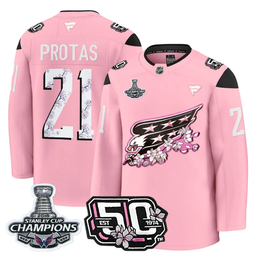 Aliaksei Protas Jersey #21 Washington Capitals 50th 2018 Stanley Cup Champions Patch Cherry Blossom by Hockey David