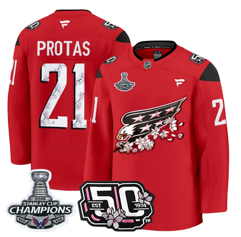 Aliaksei Protas Jersey #21 Washington Capitals 50th 2018 Stanley Cup Champions Patch Red by Hockey David