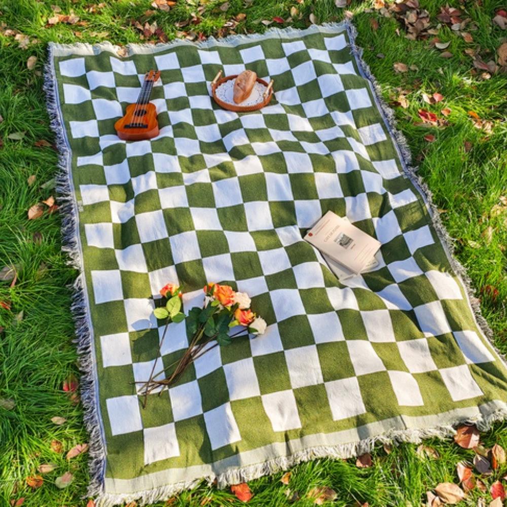 All-Season Checkered Picnic Blanket with Fringe by Casa & Beyond