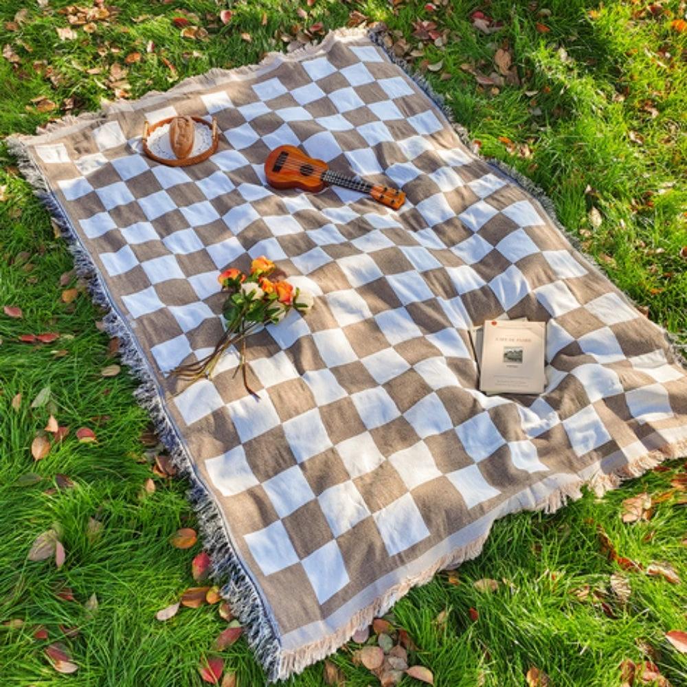 All-Season Checkered Picnic Blanket with Fringe by Casa & Beyond