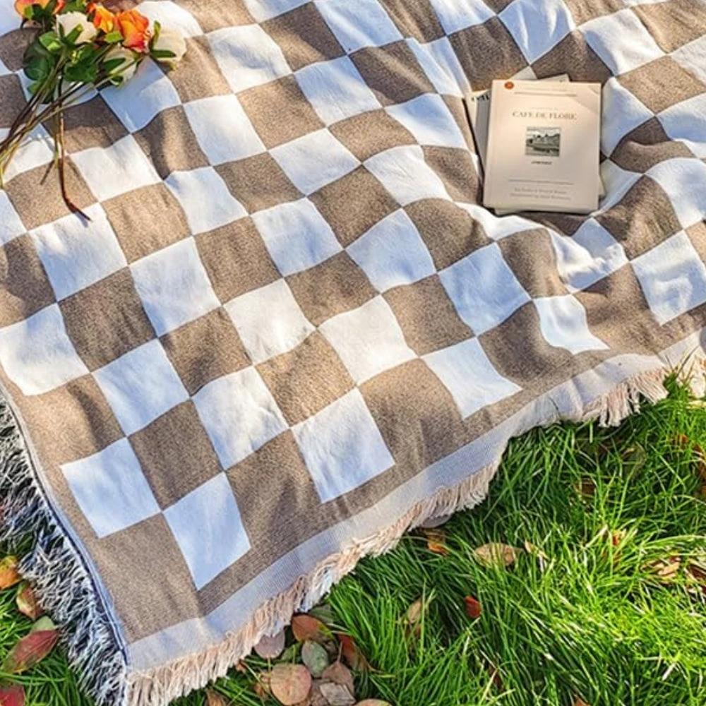 All-Season Checkered Picnic Blanket with Fringe by Casa & Beyond