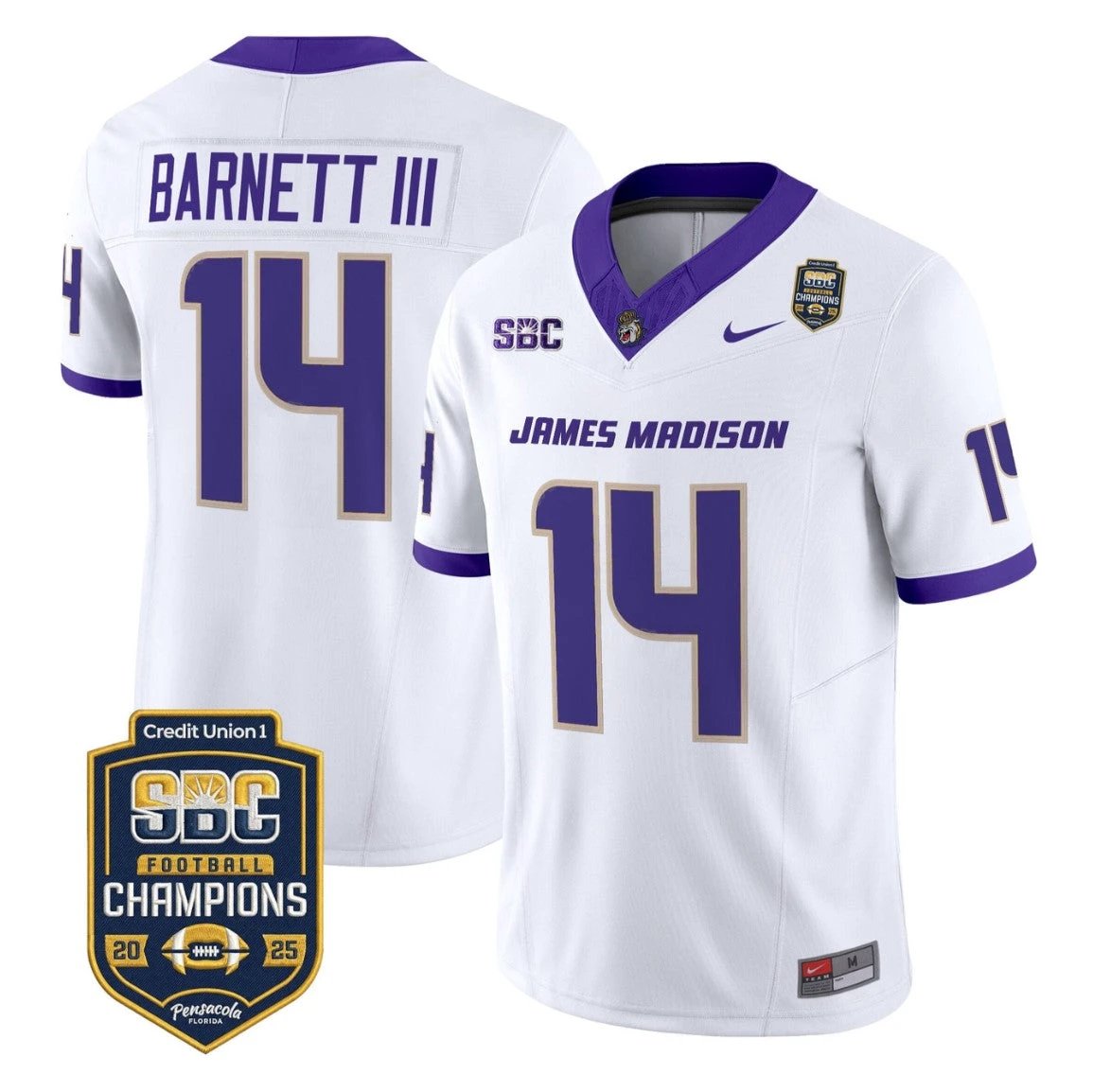 Alonza Barnett III Jersey #14 James Madison Dukes 2025 SBC Champions White by NCAA Football Jersey