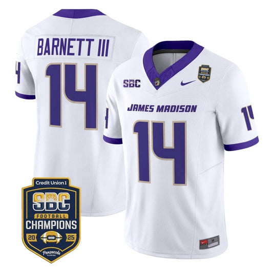 Alonza Barnett III Jersey #14 James Madison Dukes 2025 SBC Champions White by NCAA Football Jersey