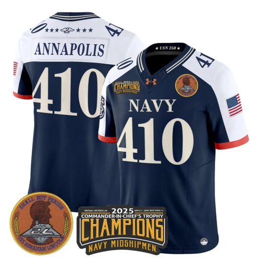 Annapolis Jersey #410 Navy Midshipmen 2025 Trophy Champions Stitched Navy Alternate by My Store NCAA Football Jerseys