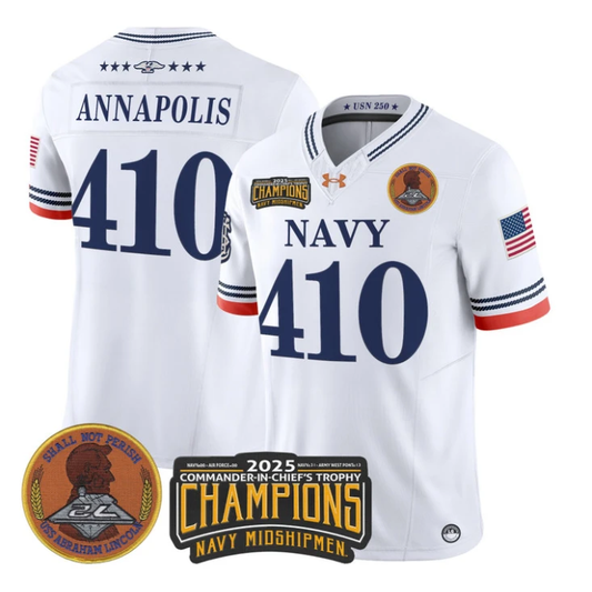Annapolis Jersey #410 Navy Midshipmen 2025 Trophy Champions Stitched White by My Store NCAA Football Jerseys