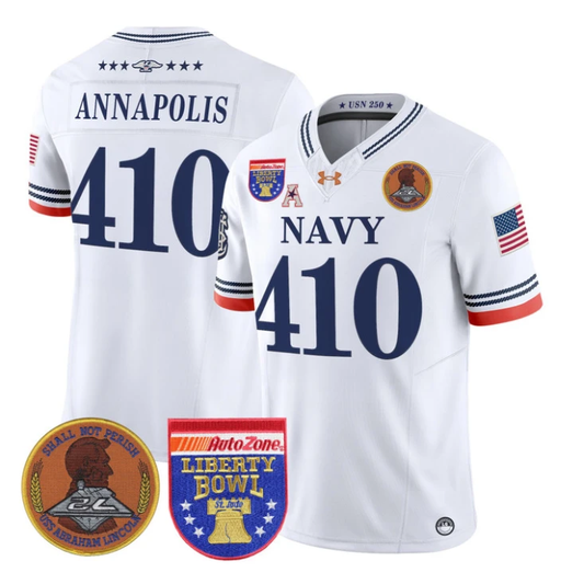 Annapolis Jersey #410 Navy Midshipmen 250th 2026 Liberty Bowl Stitched White by My Store NCAA Football Jerseys