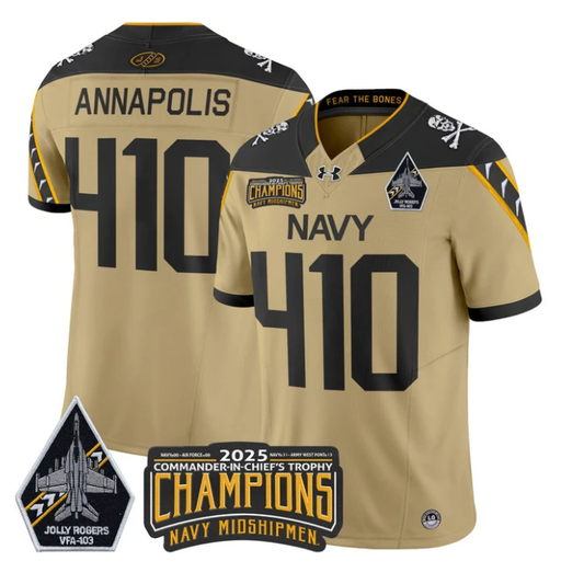 Annapolis Jersey #410 Navy Midshipmen Jolly Rogers 2025 Trophy Stitched Gold by My Store NCAA Football Jerseys
