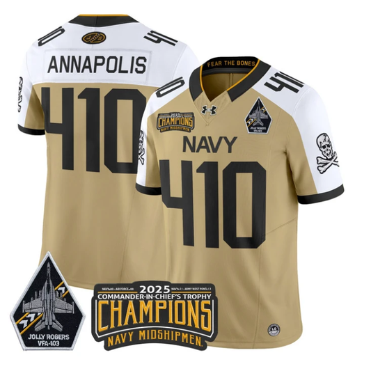 Annapolis Jersey #410 Navy Midshipmen Jolly Rogers 2025 Trophy Stitched Gold Alternate by My Store NCAA Football Jerseys