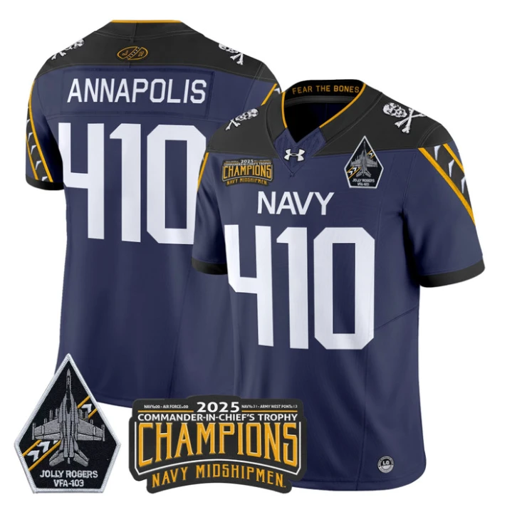 Annapolis Jersey #410 Navy Midshipmen Jolly Rogers 2025 Trophy Stitched Navy by My Store NCAA Football Jerseys