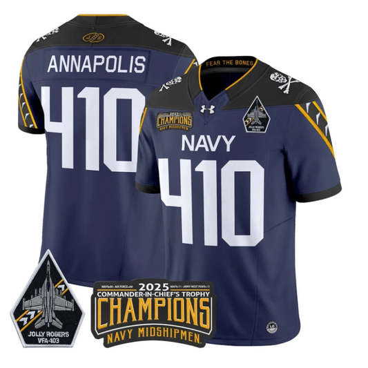 Annapolis Jersey #410 Navy Midshipmen Jolly Rogers 2025 Trophy Stitched Navy by My Store NCAA Football Jerseys