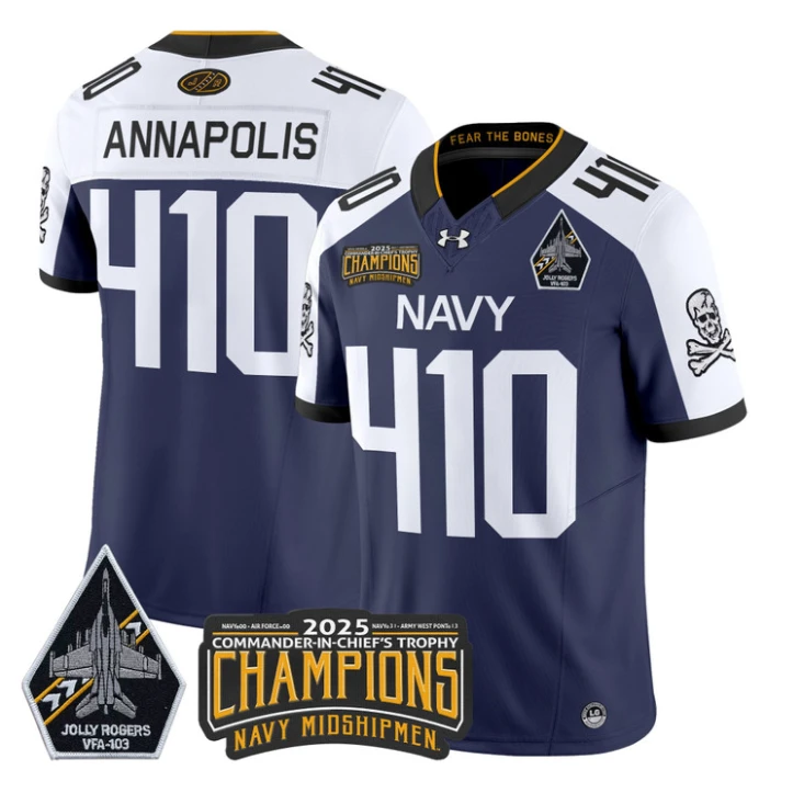 Annapolis Jersey #410 Navy Midshipmen Jolly Rogers 2025 Trophy Stitched Navy Alternate by My Store NCAA Football Jerseys