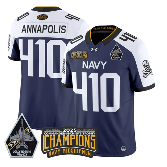Annapolis Jersey #410 Navy Midshipmen Jolly Rogers 2025 Trophy Stitched Navy Alternate by My Store NCAA Football Jerseys