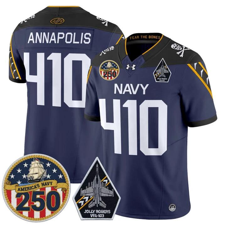 Annapolis Jersey #410 Navy Midshipmen Jolly Rogers 250th Patch Stitched by My Store NCAA Football Jerseys