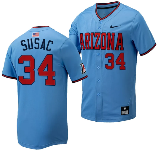 Anthony Susac Jersey #34 Arizona Wildcats Replica Baseball Full-Button Light Blue by My Store