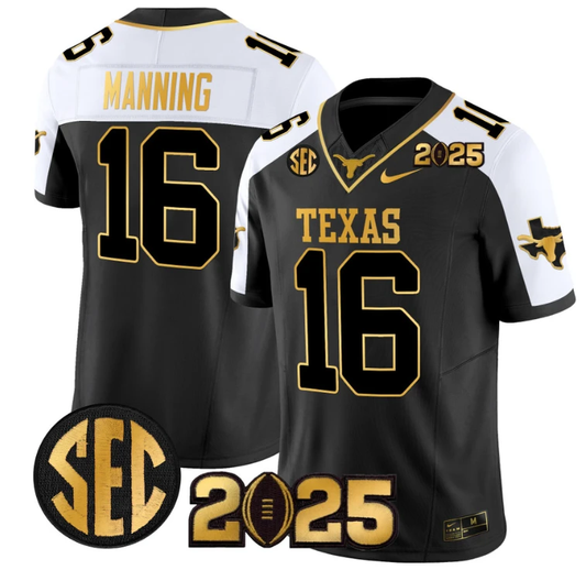 Arch Manning Jersey #16 Texas Longhorns 2025 CFP Final Gold Patch Alternate by NCAA Football Jersey