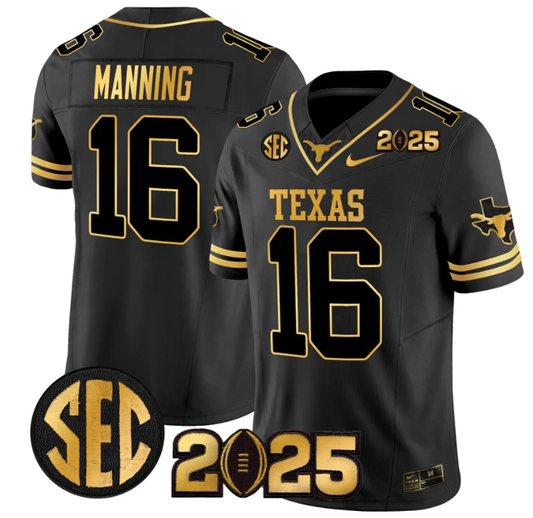 Arch Manning Jersey #16 Texas Longhorns 2025 CFP Final Gold Patch Black Gold by NCAA Football Jersey