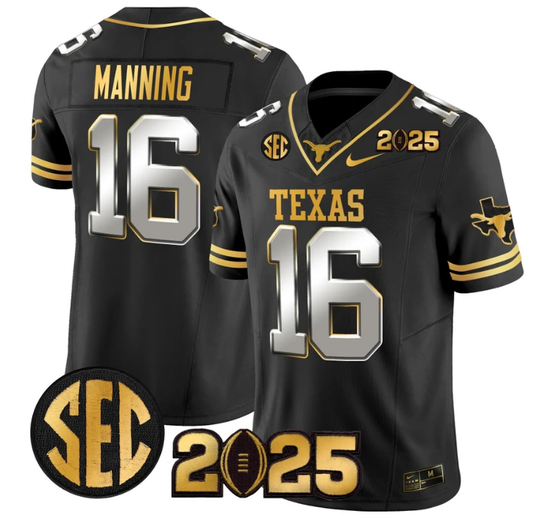 Arch Manning Jersey #16 Texas Longhorns 2025 CFP Final Gold Patch Black Limited by NCAA Football Jersey