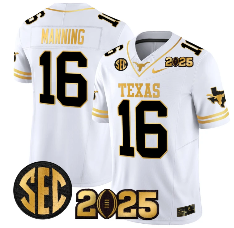 Arch Manning Jersey #16 Texas Longhorns 2025 CFP Final Gold Patch White Gold by NCAA Football Jersey