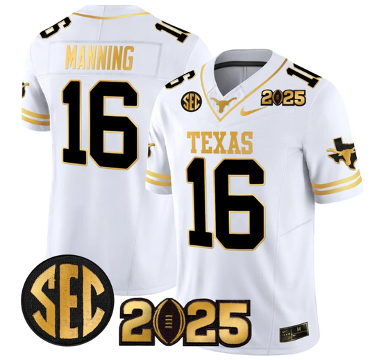 Arch Manning Jersey #16 Texas Longhorns 2025 CFP Final Gold Patch White Gold by NCAA Football Jersey