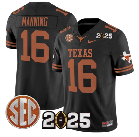 Arch Manning Jersey #16 Texas Longhorns 2025 CFP Final Patch Black by NCAA Football Jersey