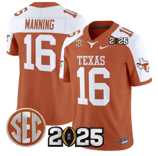 Arch Manning Jersey #16 Texas Longhorns 2025 CFP Final Patch Orange Alternate by NCAA Football Jersey