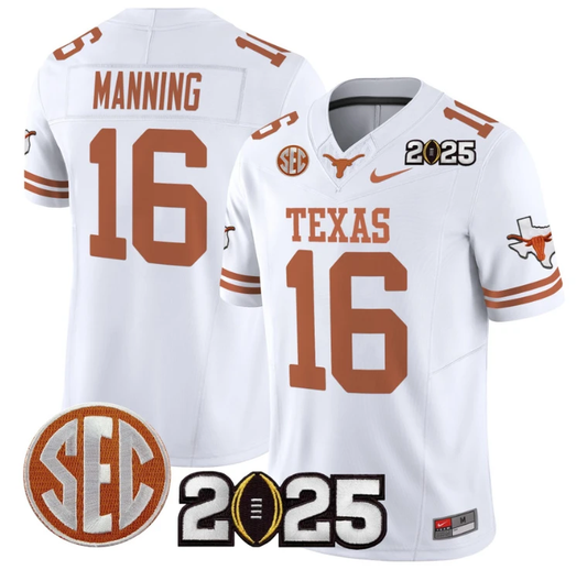 Arch Manning Jersey #16 Texas Longhorns 2025 CFP Final Patch White by NCAA Football Jersey