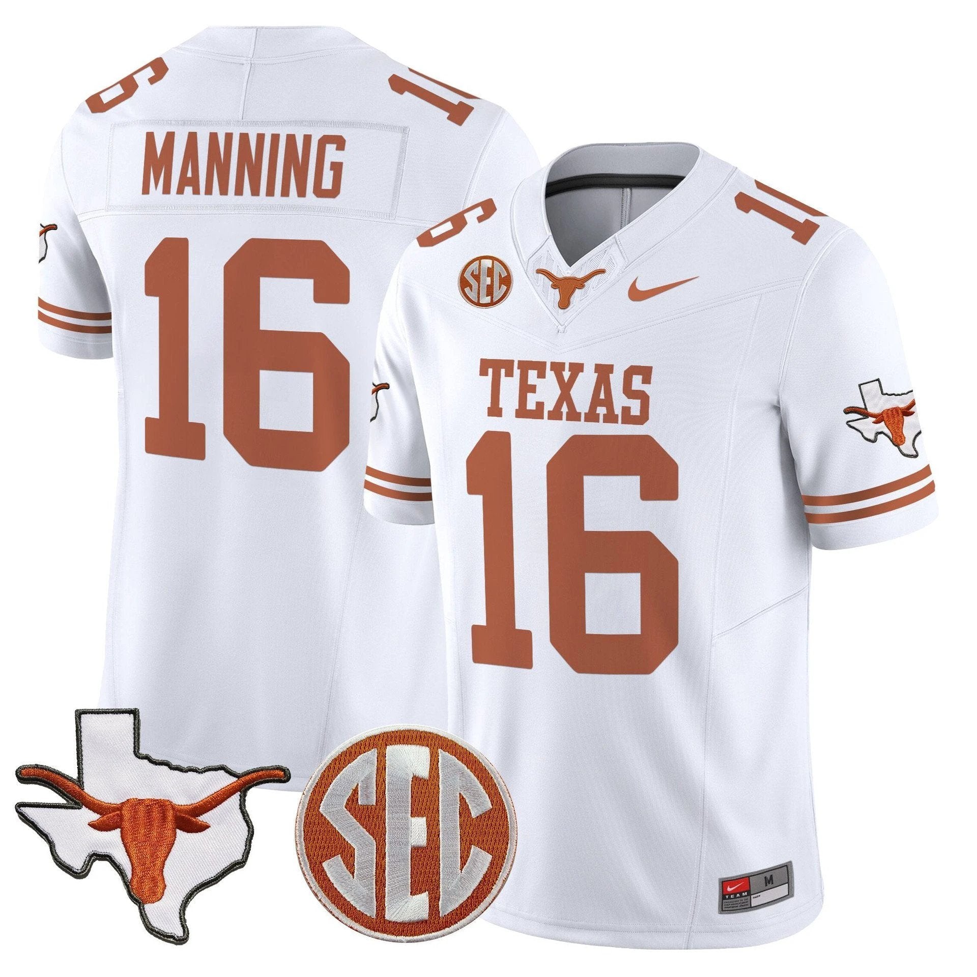 Arch Manning Jersey #16 Texas Longhorns 2025 State Map SEC Patch White by My Store
