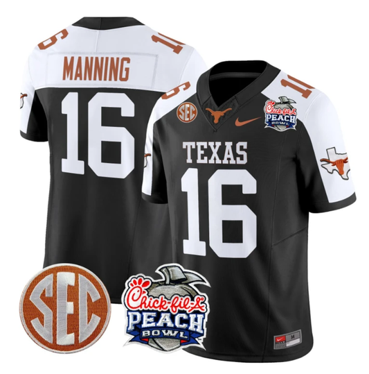Arch Manning Jersey #16 Texas Longhorns Peach Bowl Patch Vapor Black Alternate by NCAA Football Jersey
