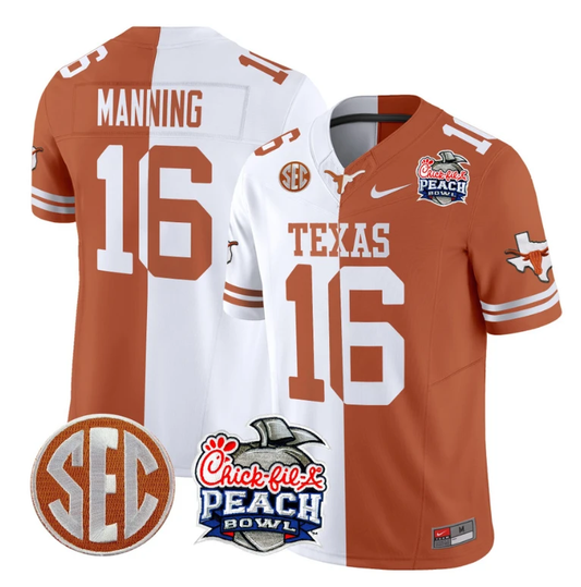 Arch Manning Jersey #16 Texas Longhorns Peach Bowl Patch Vapor Split by NCAA Football Jersey