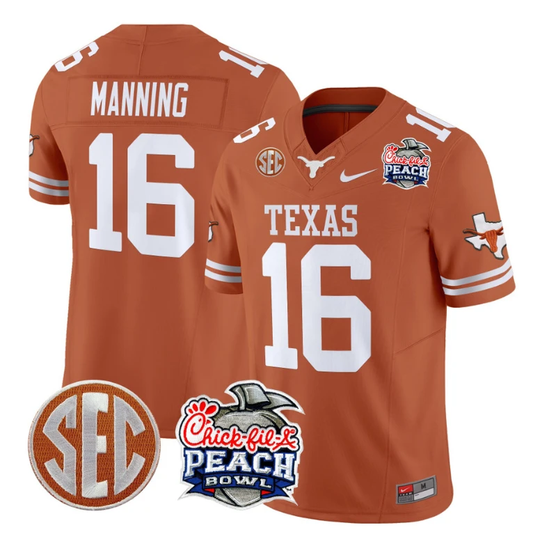 Arch Manning Jersey #16 Texas Longhorns Peach Bowl Patch Vapor Texas Orange by NCAA Football Jersey
