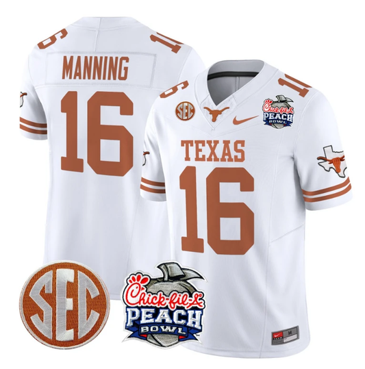 Arch Manning Jersey #16 Texas Longhorns Peach Bowl Patch Vapor White by NCAA Football Jersey