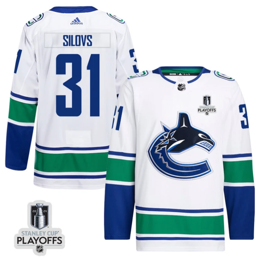 Arturs Silovs 31 Vancouver Canucks 2024 NHL Playoffs Patch Away Jersey - Men, White by Hockey David