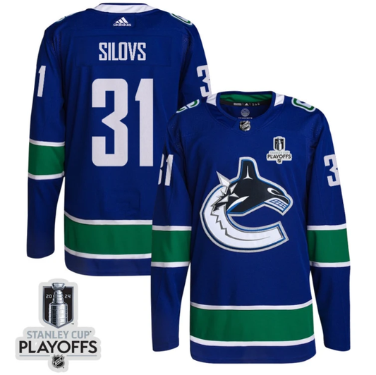 Arturs Silovs 31 Vancouver Canucks 2024 NHL Playoffs Patch Home Jersey - Men, Blue by Hockey David