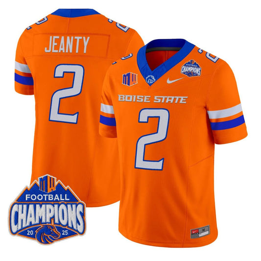 Ashton Jeanty Jersey #2 Boise State Broncos 2025 Mountain West Champions Orange by NCAA Football Jersey