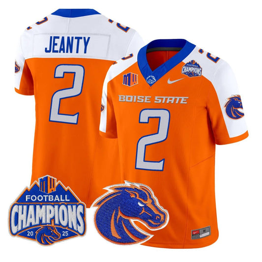 Ashton Jeanty Jersey #2 Boise State Broncos 2025 Mountain West Champions Orange Alternate by NCAA Football Jersey